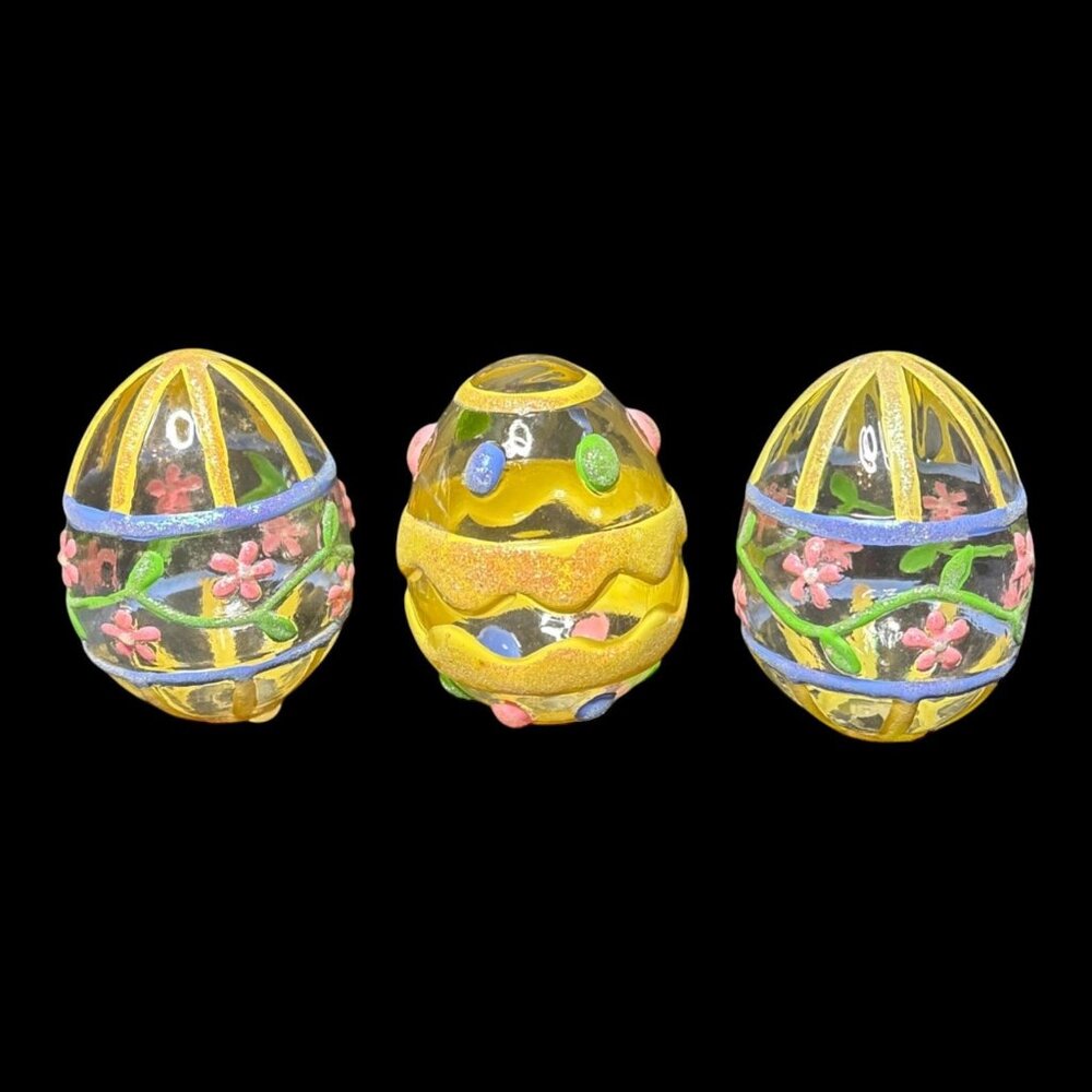 3 Vintage Hand-painted 3" Hollow Clear Art Glass Easter Egg Floral Flower Yellow
